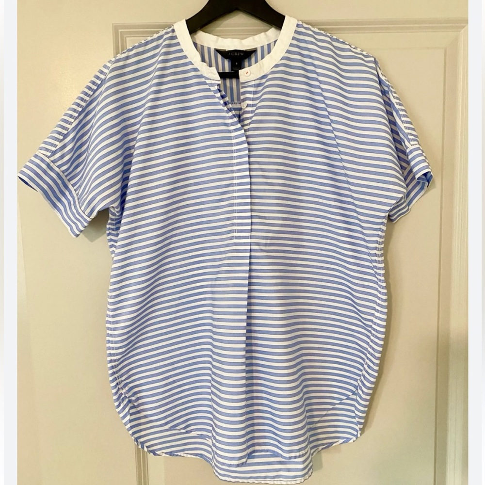 J. Crew - Light Blue and White Striped Short Sleeve Popover Shirt